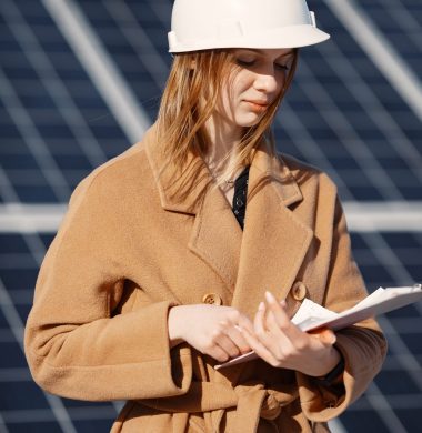 Businesswomen working on checking equipment at solar power plant. With tablet checklist, woman working on outdoor at solar power.